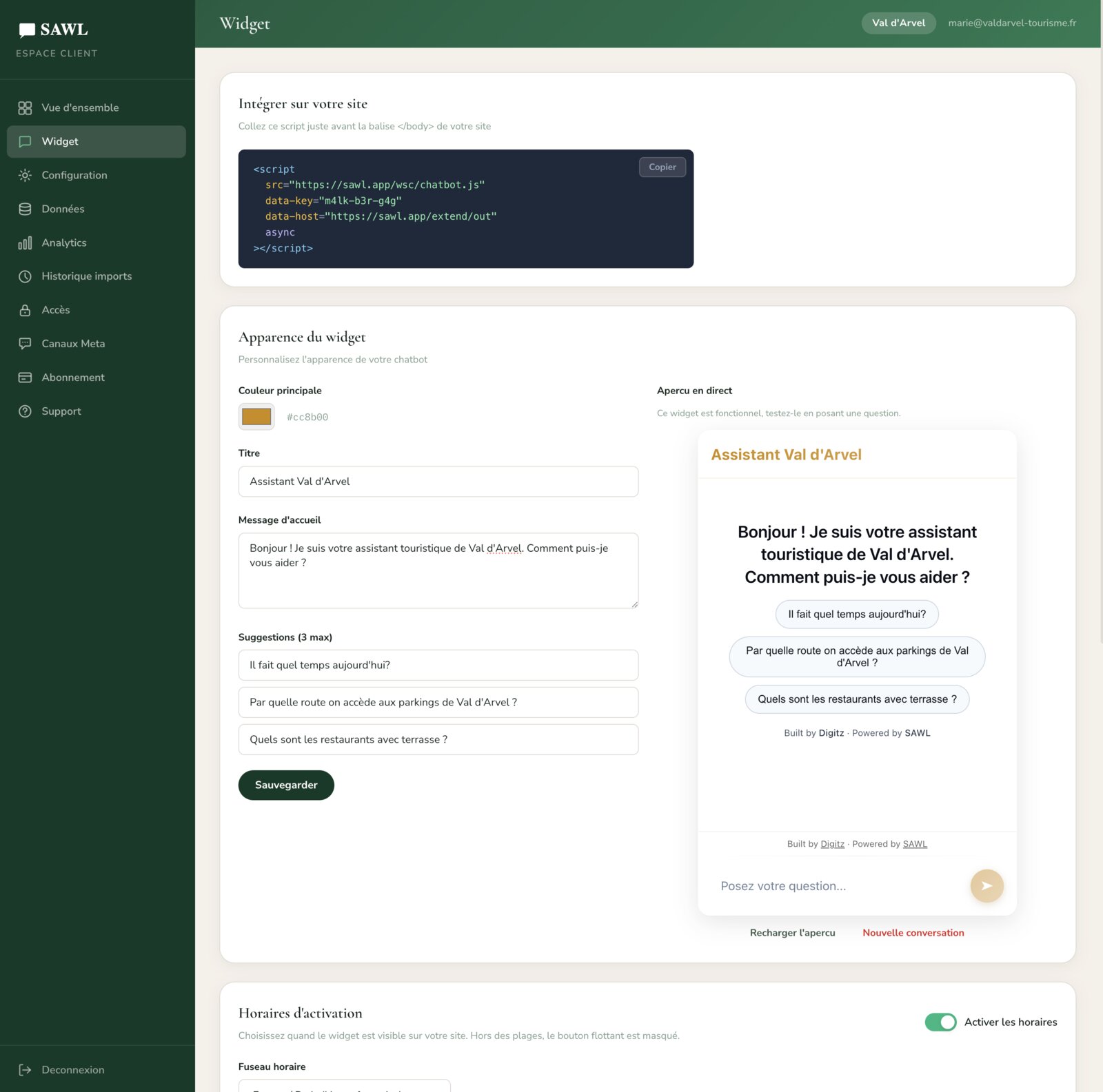 Écran de configuration du widget SAWL avec aperçu direct