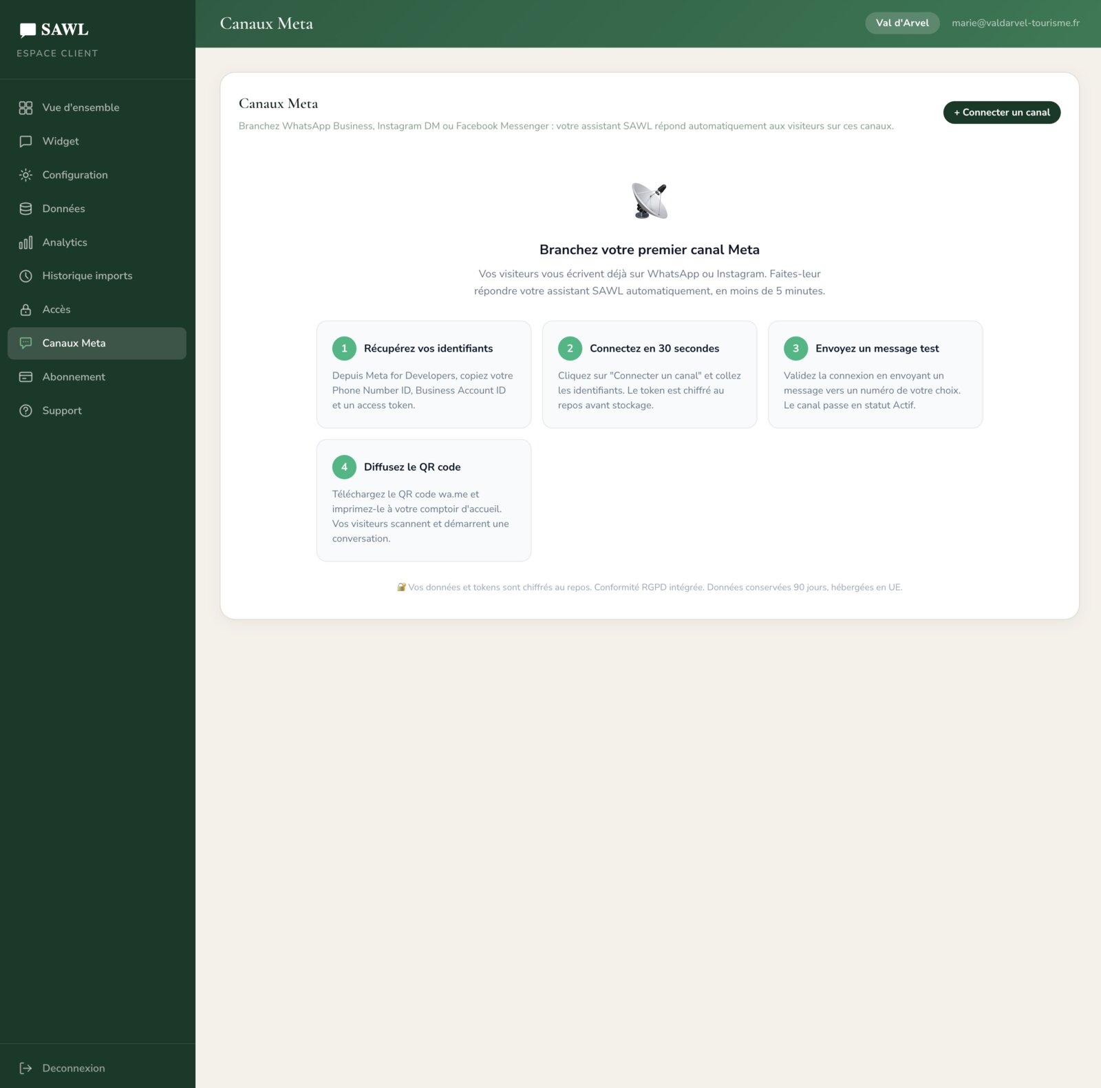 Page canaux SAWL, connexion WhatsApp, Messenger et Instagram
